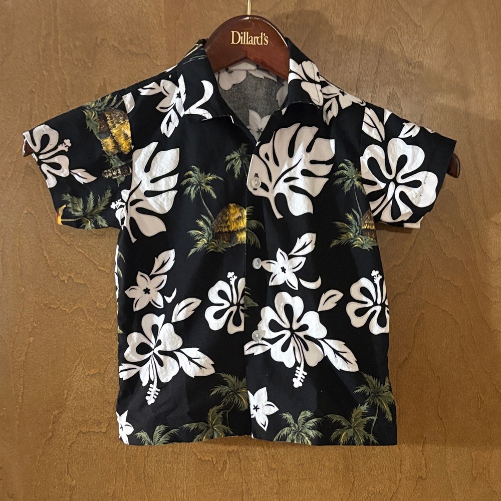 Vintage Black & White Hawaiian Floral Kids Button-Down Shirt